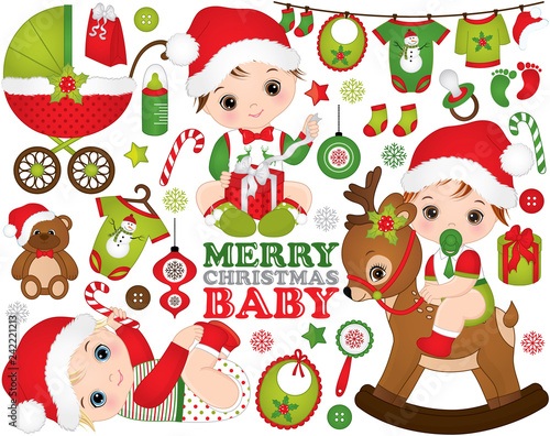 Vector Christmas and New Year set with cute little baby boys, toys, decorations and various Christmas elements