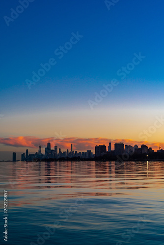 Sunset over Chicago on the lake at winter