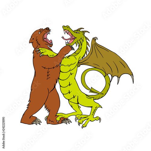 Drawing sketch style illustration of a Chinese dragon wrestling, jousting, sparring or fighting a grizzly bear on isolated white background done in full color.