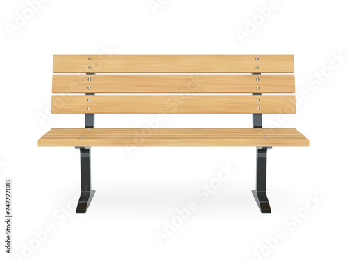 Realistic wooden park bench. Front view vector illustration.