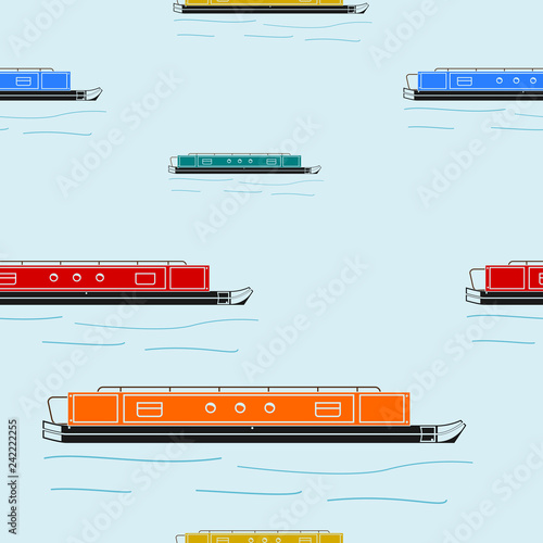 Editable Flat Style Side View Narrow Boat Vector Illustration With Water Waves Seamless Pattern for Creating Background of Transportation or Recreation of United Kingdom or Europe