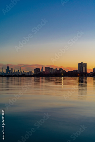 Skyline of Chicago at sunset on the lake