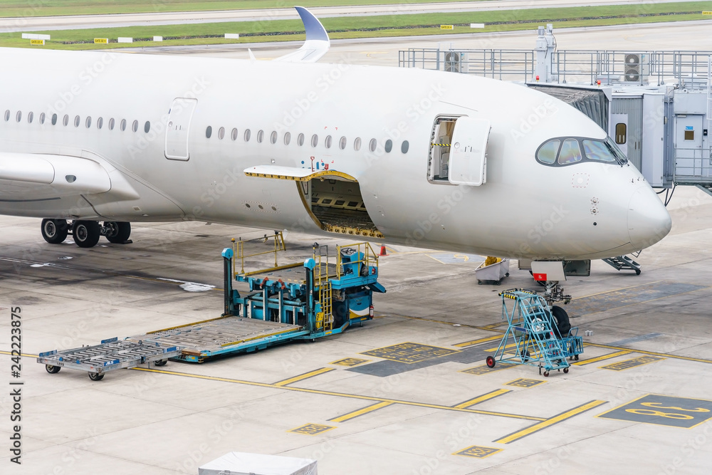 Loading platform of air freight to the aircraft. Food for flight check-in services and equipment to ready before boarding the airplane.