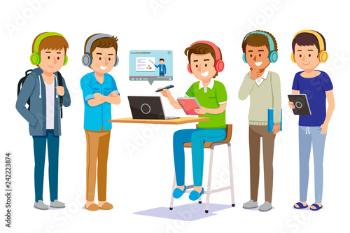 Online learning through electronic tools together. Man share and finding self-knowledge anywhere. e-book and video content service at internet.