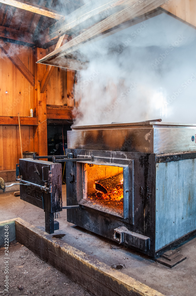 Εκτύπωση καμβά Maple syrup evaporator with fire door open