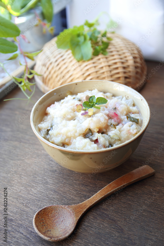 japanese rice congee with herbs and green vegetables japanese rice congee with herbs and green vegetables