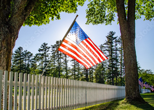 American Flag at cemetery fence photo