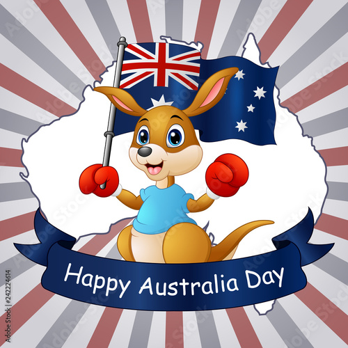 Happy australia Day Kangaroo holding a Flag on Map background