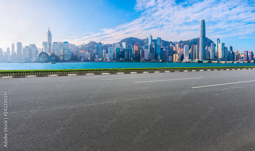 Air highway asphalt road and office building of commercial building in modern city