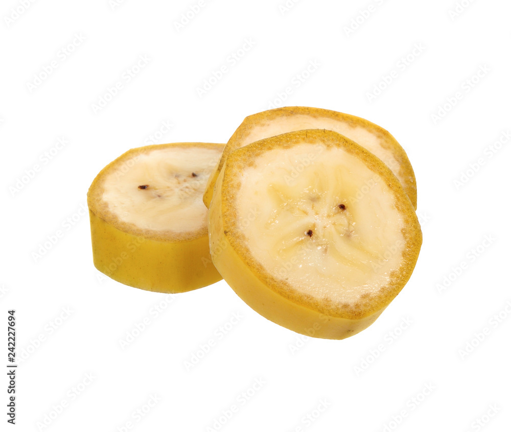 Banana sliced isolate on white background. top view.