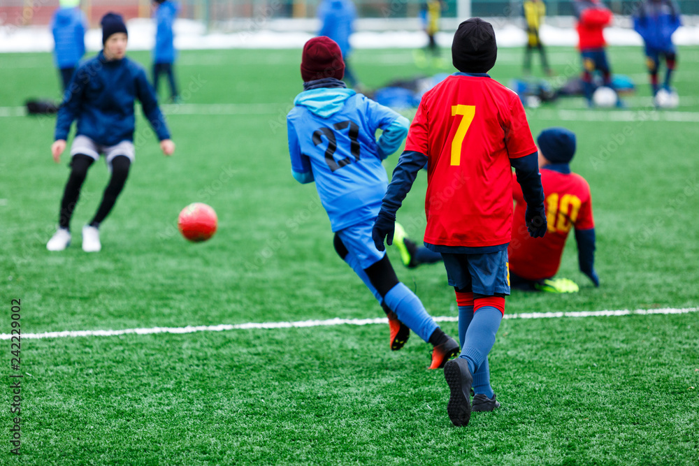 Boys  in red and blue sportswear plays soccer on green grass field. Youth football game. Children sport competition, kids plays outdoor, winter activities, training