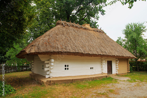 Traditional Ukrainian Village Museum in the village Morintsy on a summer day.