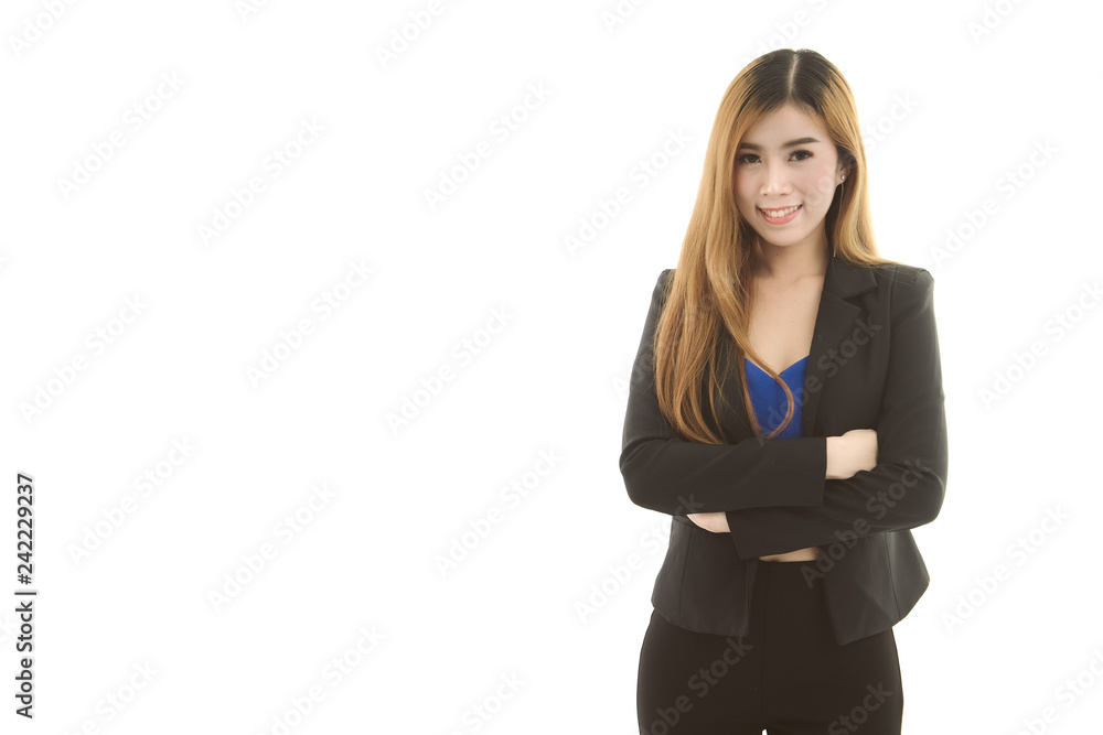 Portrait of Asian modern business woman with her arms crossed standing on white background; Female wearing suit; Free from copy space Portrait of Asian modern business woman with her arms crossed standing on white background; Female wearing suit; Free from copy space
