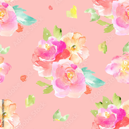 Cute, Bright, Colorful Watercolor Flower Background Pattern. Girly Spring Floral Wallpaper Patterns