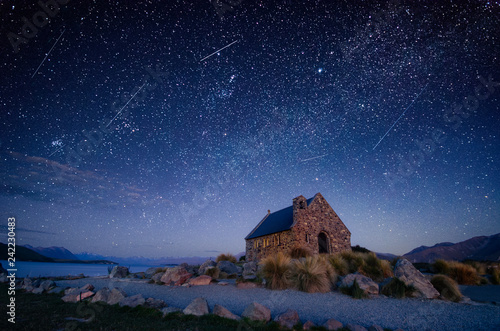 Night sky over Good Shepherd's Chapel, Lake Tekapo, New Zealand