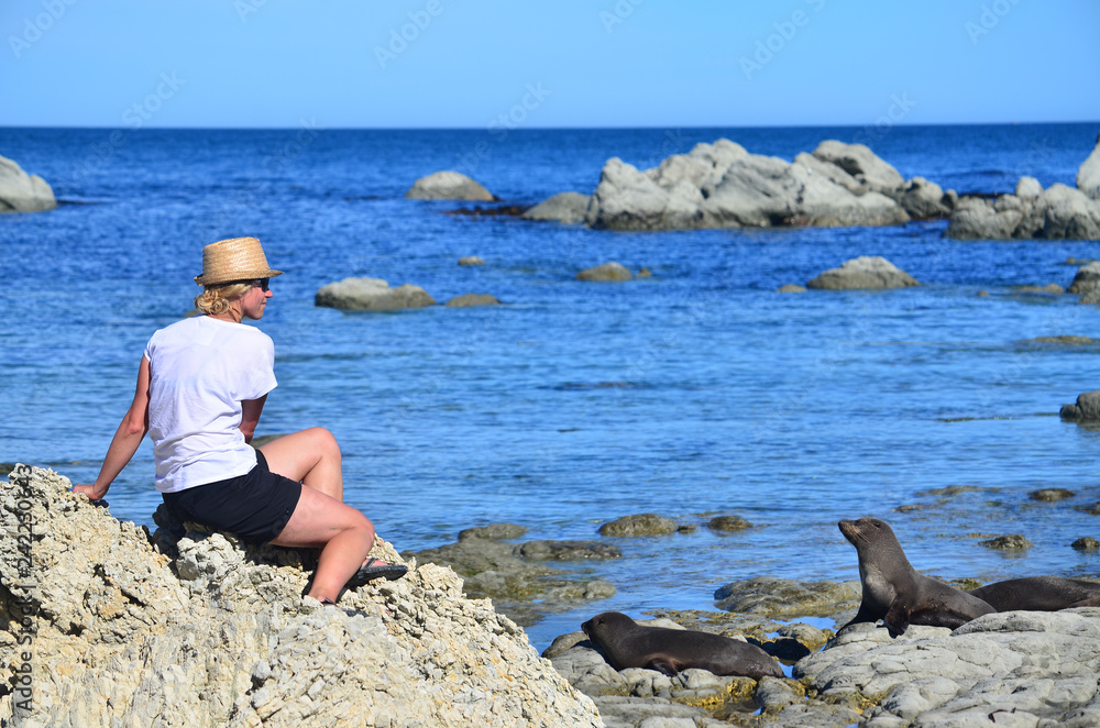 Woman watching seals, New Zealand Woman watching seals, New Zealand