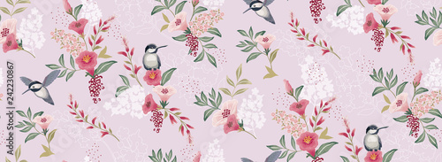  Vector illustration of a seamless floral pattern with cute birds in spring for Wedding, anniversary, birthday and party. Design for banner, poster, card, invitation and scrapbook 