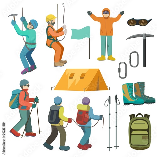 Set of alpinism: alpinists and alpinism tools.  Mountaineering, Mountain climbing vector illustration