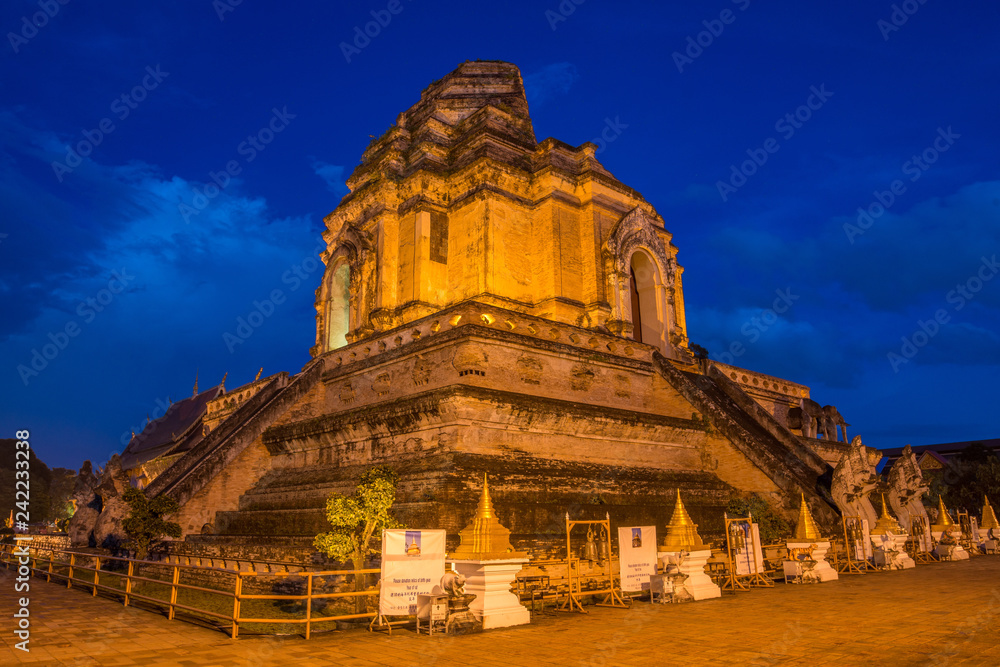 Wat Chedi Luang pagoda the largest pagoda in Chiang Mai province of Thailand at dusk.