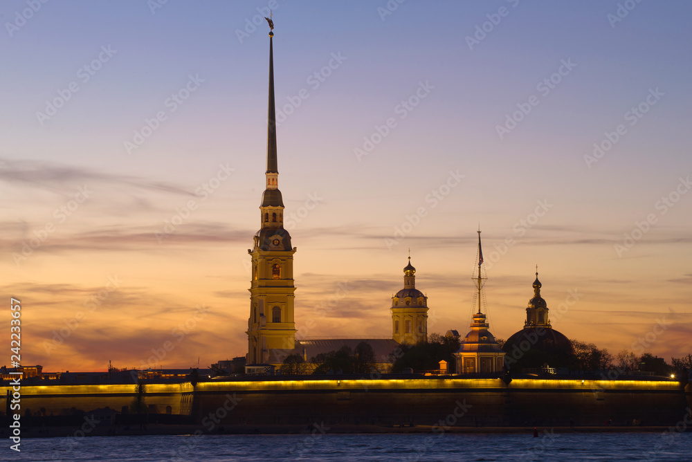 Peter and Paul Cathedral against the background of a May sunset. Saint-Petersburg, Russia