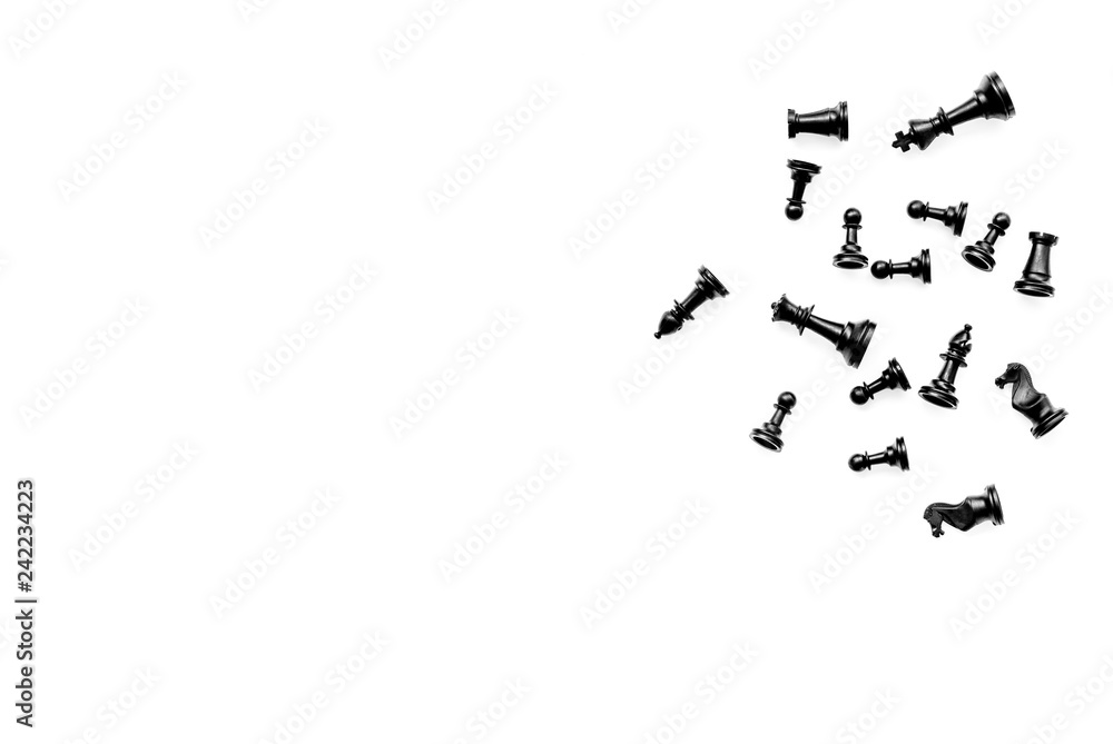 Competition or victory or strategy concept. Chess figures on white background top view copy space Competition or victory or strategy concept. Chess figures on white background top view copy space