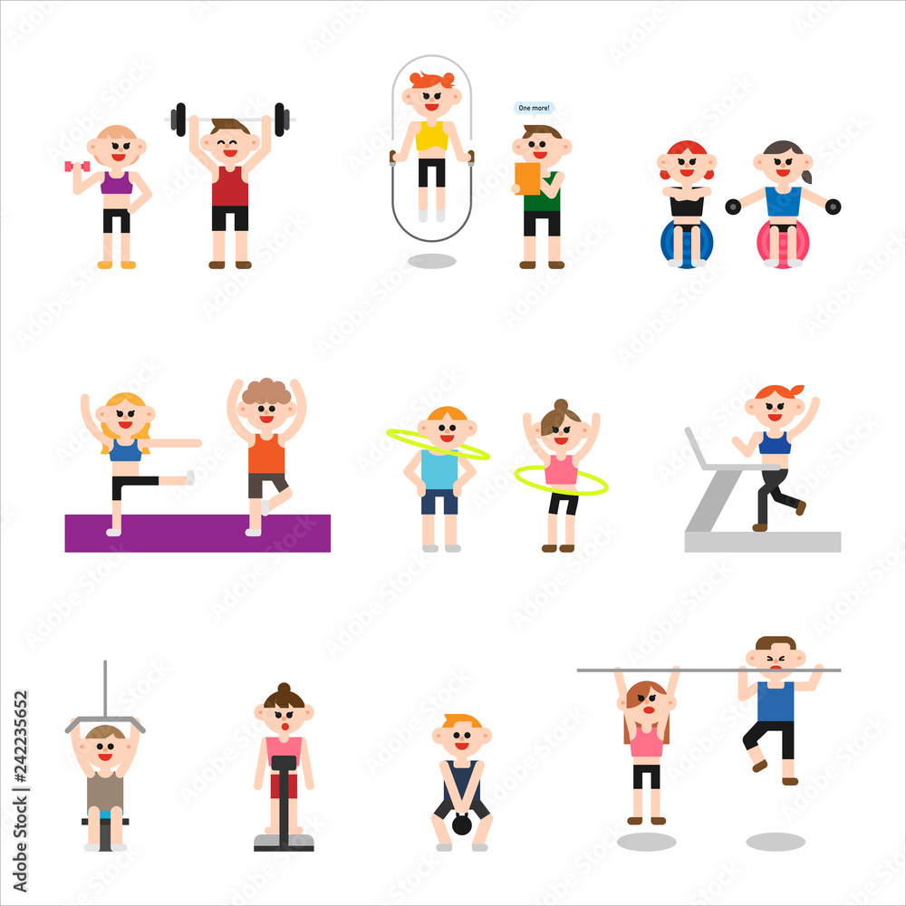 A set of cute men and women doing various exercises. concept illustration. flat design vector graphic style.