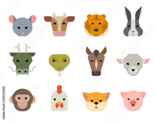 Fototapeta Naklejka Na Ścianę i Meble -  Animal of year Asia traditional concept. Animal faces illustration. flat design vector graphic style.