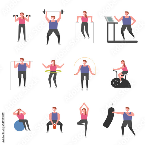 A set of people exercising with various exercise equipment concept illustration. flat design vector graphic style.
