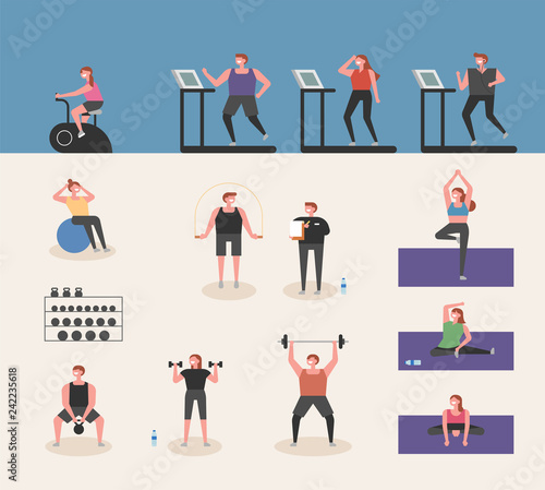 People exercising with various exercise equipment in the gym. concept illustration. flat design vector graphic style.