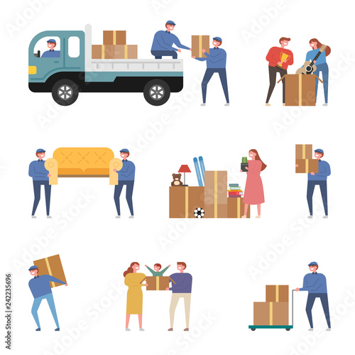 Moving company employees and luggage on the day of moving. concept illustration. flat design vector graphic style.