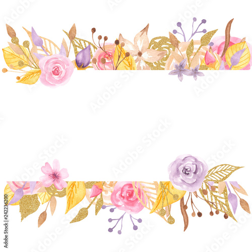 Watercolor banner with roses, flowers, leaves, golden elements. Template for invitation, logo, wedding, valentine's day, place for text.