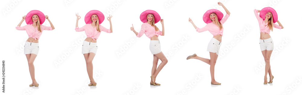 Young dancing model in panama hat isolated on white Young dancing model in panama hat isolated on white
