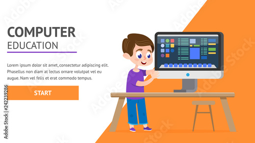 Computer Education Page. Schoolboy with PC Screen.