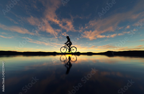 Silhouette of young woman cyclist on sunset,3d illustration