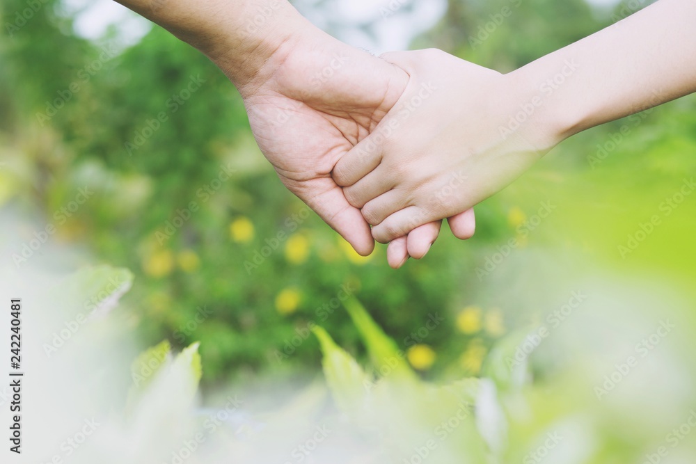 Woman and man holding Shake hands, Happy couple love in the garden. concept couple lover valentine day.	