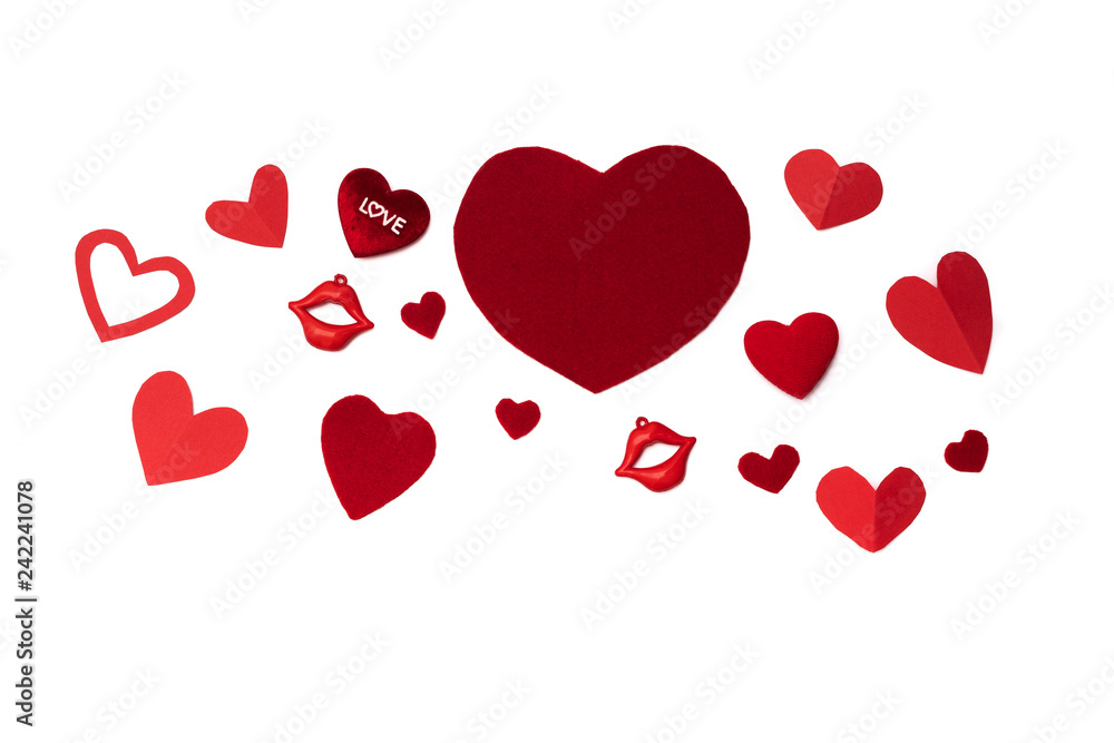 Valentine Day concept, white background with red hearts