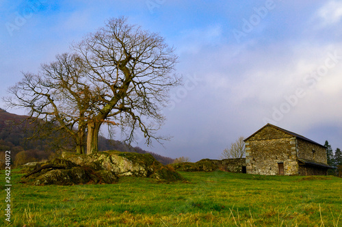 Old rural country stone farmhouse as the winter fog lifts in Ambleside, Lake District, in Northern England.
