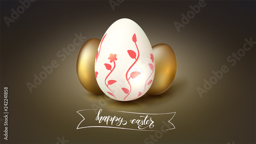 Greeting card with painted and golden eggs for celebration of happy Easter. Hand-drawn text happy easter on vintage banner, brush strokes style. Vector 3d illustration for holiday greetings, covers.