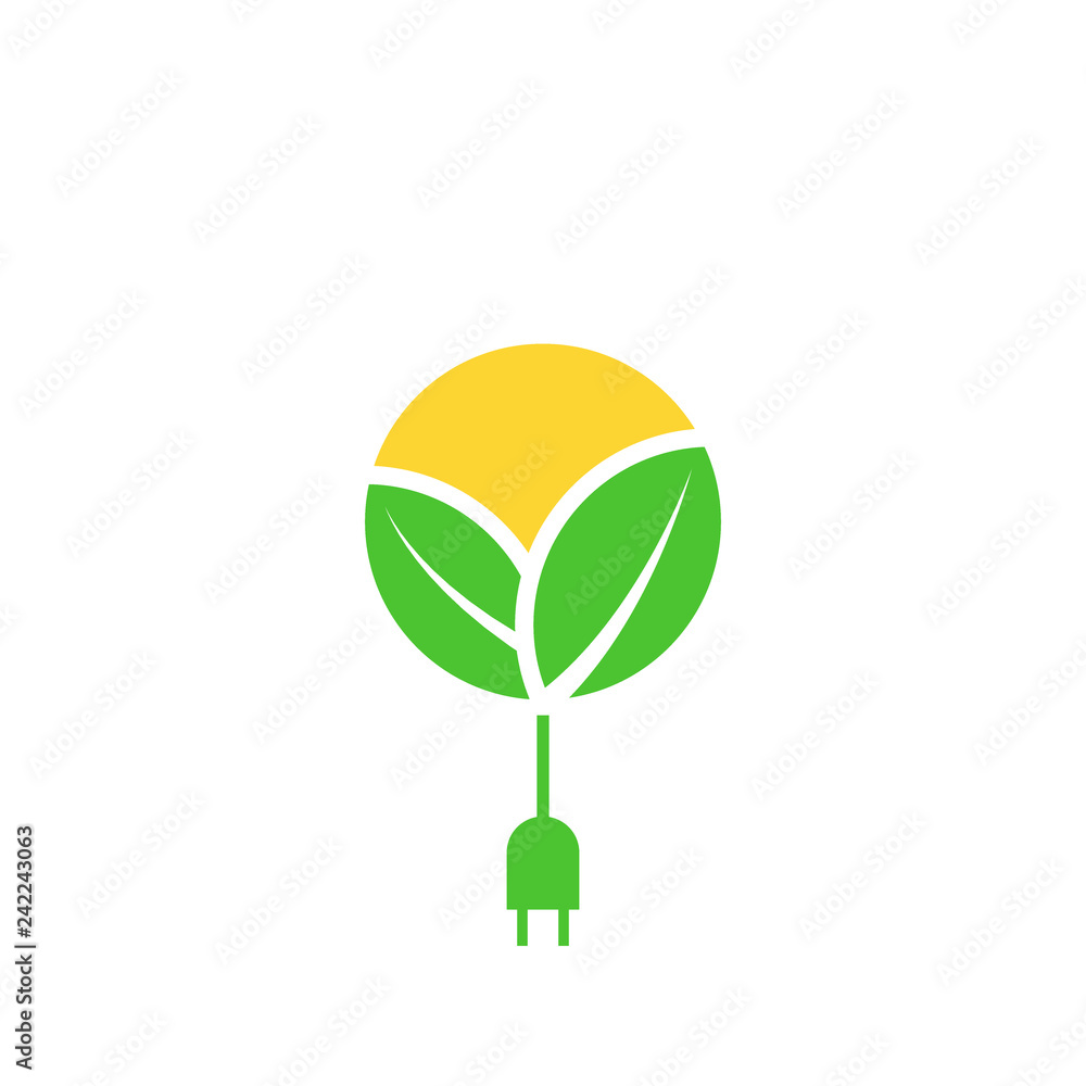 Green renewable energy logo, leafs, sun with cable with plug, charging eco  power icon, vector illustration design template. vector de Stock | Adobe  Stock