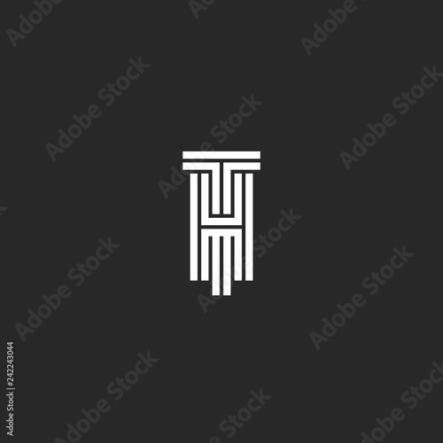 Hipster Initials TH or HT logo original wedding creative emblem, letters T and H line art black and white style.