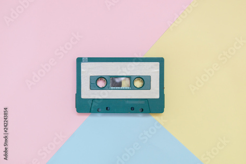 top view tape cassette with colorful pastel color background