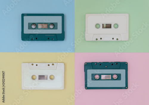 top view tape cassette with colorful pastel color background