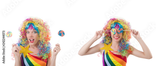 Woman with lollypop isolated on white 