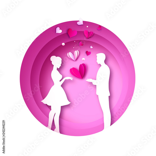Fall in Love. White Romantic lovers. Hearts shape in paper cut style. Happy Valentine day. Romantic Holidays. 14 February. Honeymoon. Origami couple. Valentines day. Circle frame.