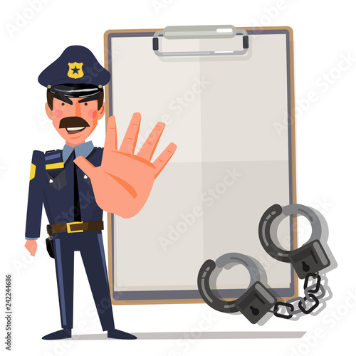 policeman holds up hand in stop gesture. character design - vector illustration
