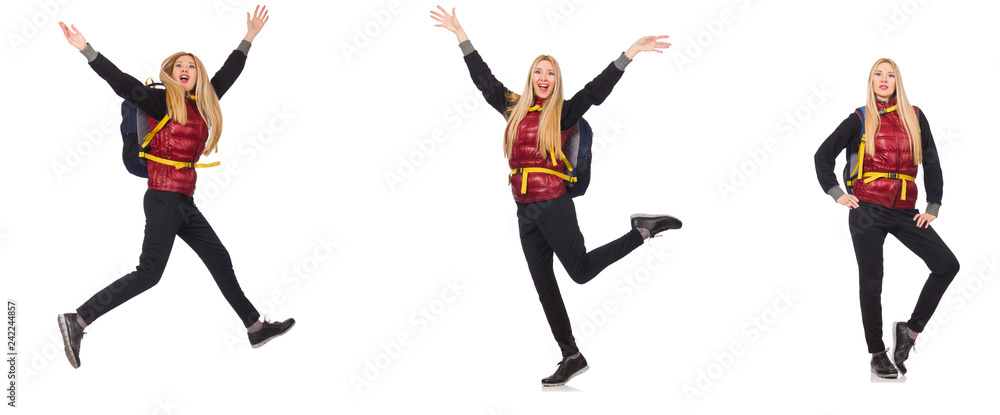Young woman with backpack isolated on white Young woman with backpack isolated on white