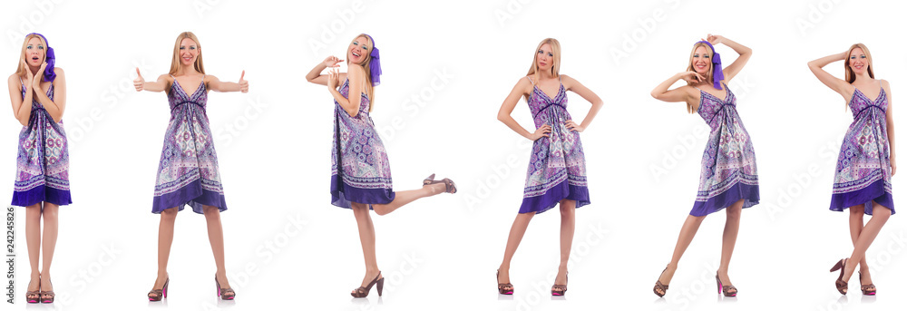 Beautiful woman in purple dress isolated on white Beautiful woman in purple dress isolated on white