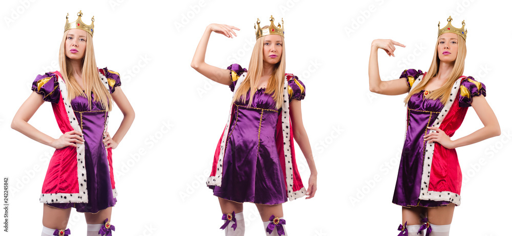 Beautiful woman with crown isolated on white 