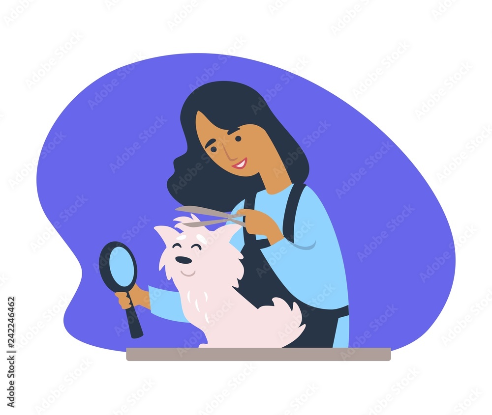 Woman making new haircut to canine domesticated animal Woman making new haircut to canine domesticated animal