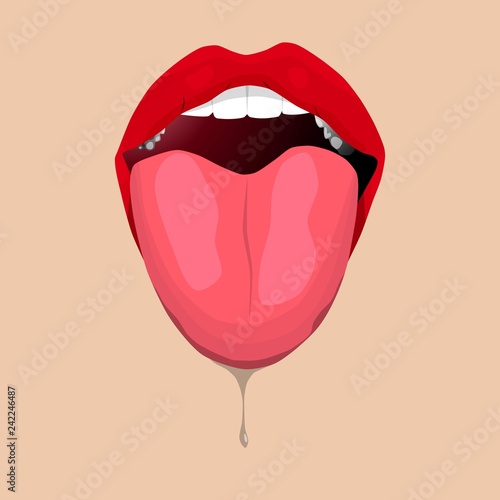 open mouth with tongue and saliva.Attractive female lips for print. isolated